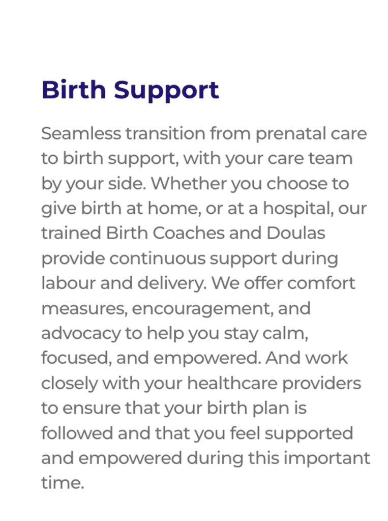 Birth support information, including trained birth coaches and doulas.