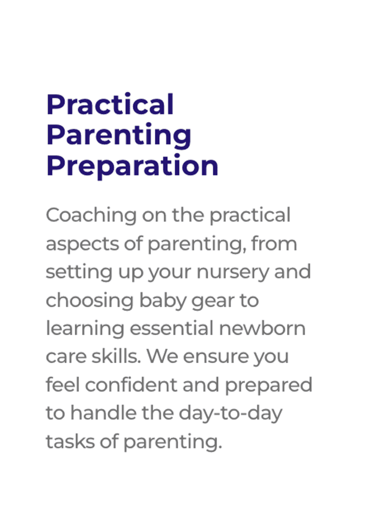 Practical Parenting Preparation text describing coaching on nursery setup, baby gear, and newborn care skills.