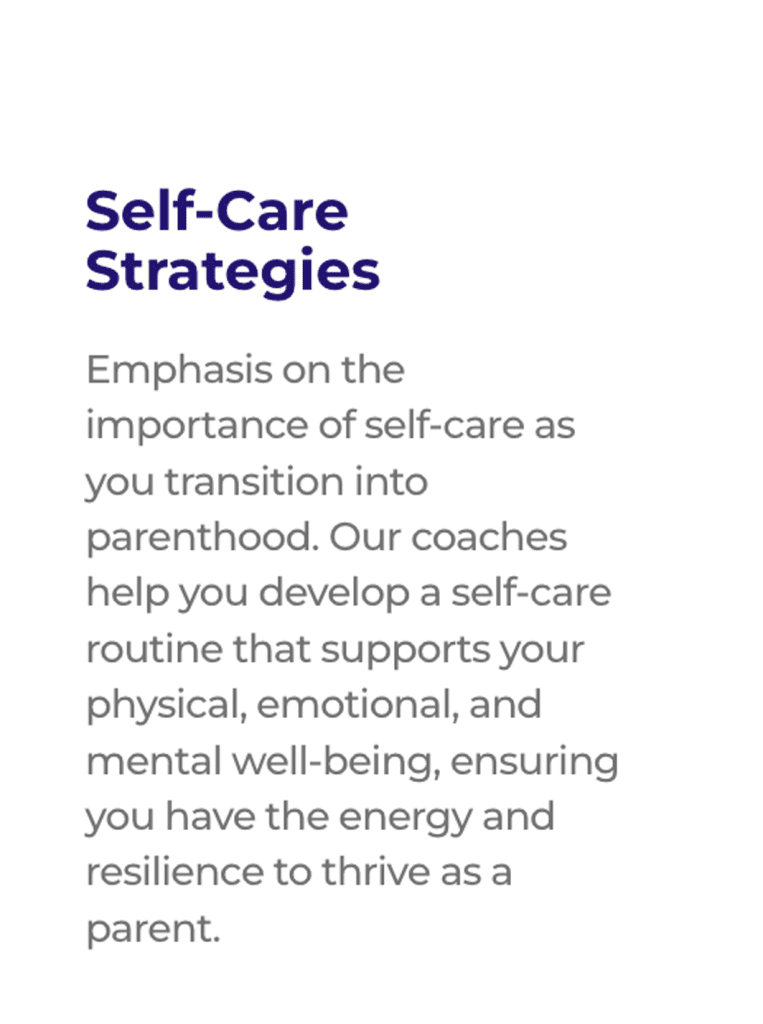 Self-care strategies for parental transition, emphasizing emotional and physical well-being.